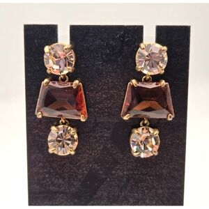 J Crew Glamour Gold Tone Amber Color & Clear Crystal Drop Dangle Earrings